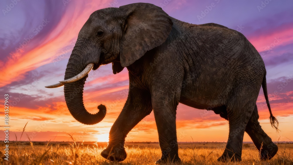 Fototapeta premium African bush elephant strides across the sunlit golden savanna under a colorful pink and orange sunset.