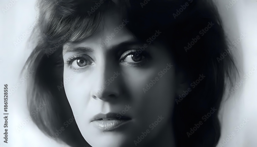 Fototapeta premium Black and white studio photographic portrait of a woman, close-up, harsh background lighting, 1970s photography.
