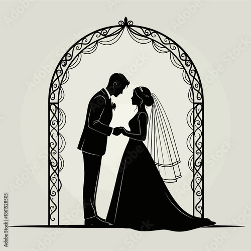 Black silhouette of romantic wedding couple holding hands under decorative archway on white background for love, marriage and relationship concepts