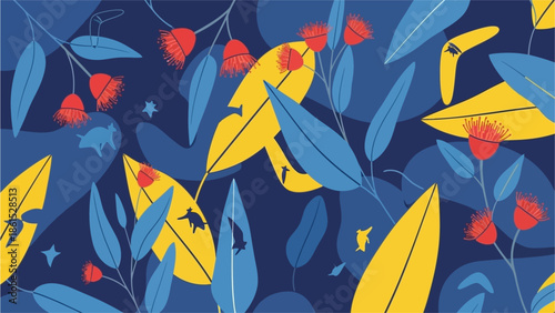 Vibrant eucalyptus leaves and red flowers on blue background, eucalyptus pattern, floral design, abstract botanical illustration, decorative foliage