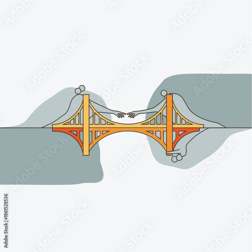 Two faceless people reaching out to each other over a colorful suspension bridge with orange and yellow arches spanning a body of water