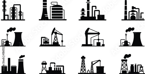 Industrial factory and oil rig silhouettes on white background