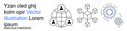 Global communication, team collaboration, blockchain systems, engineering processes, digital innovation, and data transmission. Conceptual illustration with network icons, cubes, and gear mechanisms