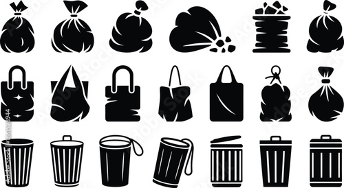 Black silhouettes of trash bags and bins on white background