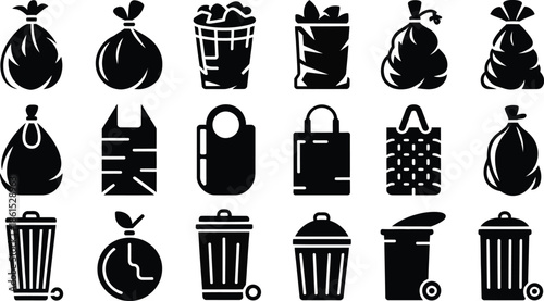 Black silhouette trash and bag icons collection