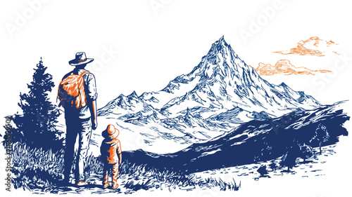Serene Painting of Man and Little Boy Gazing at Majestic Mountain View