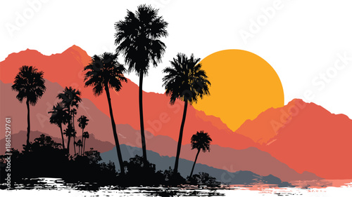 Tropical Sunset Landscape with Palm Trees and Mountains in Background