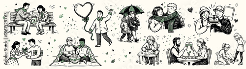 Vintage ink sketch of romantic couples in park scenes on bench picnic under umbrella with heart balloon valentines day nostalgia