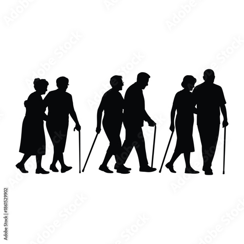 Silhouettes of elderly people walking with canes