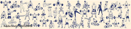 Hand Drawn CrossFit & Weightlifting Workout People – Fitness Exercises Sketch Set