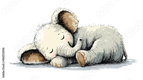 Adorable Sleeping Baby Elephant Vector Illustration with Outline on White Background