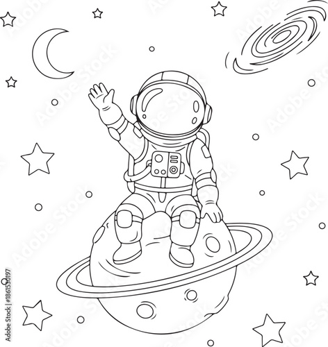 A playful astronaut waving from a ringed planet surrounded by celestial wonders in space