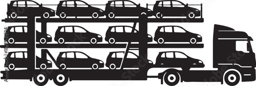 Heavy-duty semi-truck car transporter carrying multiple vehicles on its multi-level trailer