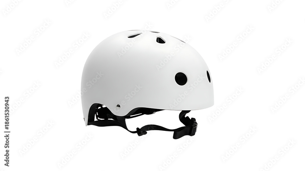 Fototapeta premium White Safety Helmet with Black Adjustable Strap on Plain White Background