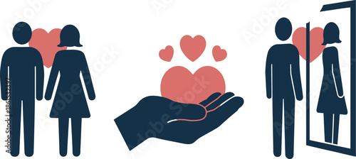 Young woman looking in heart shaped mirror embracing self love concept