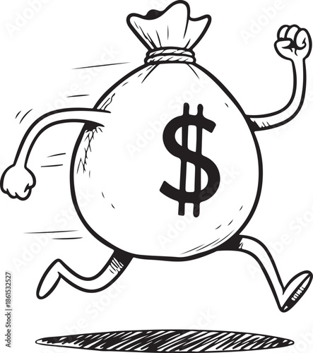 A cartoon money bag with a prominent dollar sign actively running, symbolizing financial speed and motion