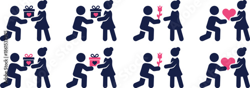 Romantic couple icons set with man giving gift, rose, and heart to woman