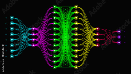 Digital Neural Network with Glowing Nodes and Flowing Connections Representing Artificial Intelligence and Deep Learning Technology