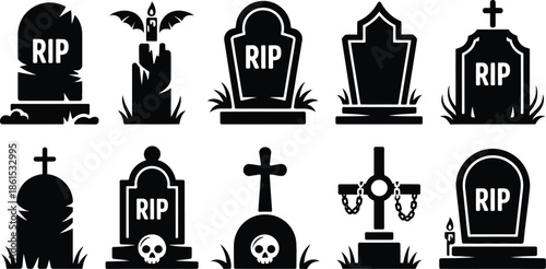 Black silhouettes of various tombstones and grave markers with RIP and decorative elements like crosses and skulls
