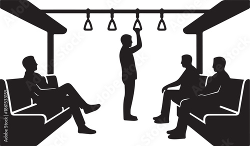 Passengers inside a public transport vehicle, commuting in a simple silhouette illustration