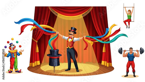 A colorful illustration of a magician and performers on a stage with a clown and acrobats