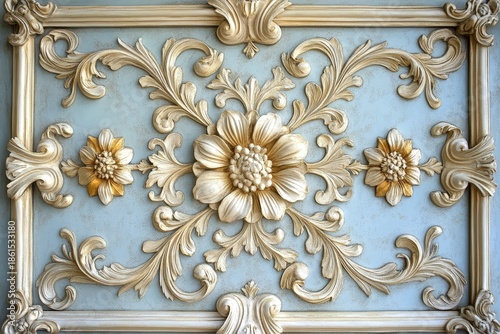 Ornate plaster architectural molding features intricate floral and scrollwork decoration against a light blue background