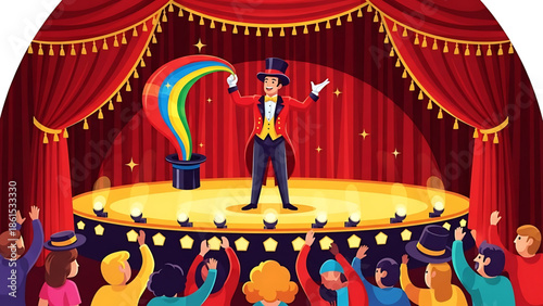 A cartoon magician performing on stage with a rainbow coming out of his hat