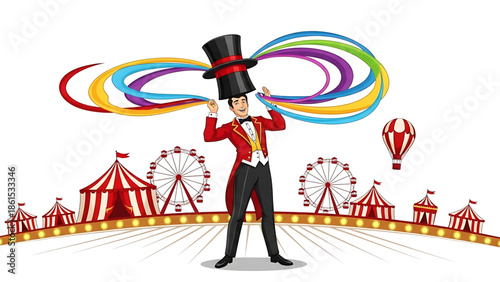A cartoon magician performing at a vibrant carnival with colorful ribbons and rides
