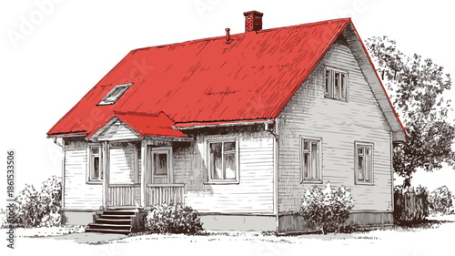House with Red Roof Vector Drawing for Architecture Design Projects