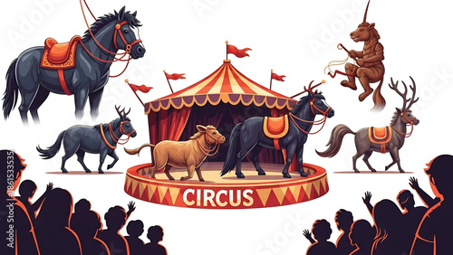 A colorful illustration of a circus scene with animals and an audience