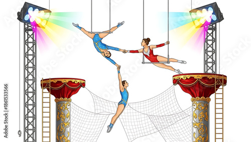 Three acrobats performing aerial stunts on stage with colorful lights and safety net