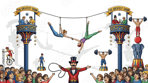 A vibrant circus scene with performers and a crowd of excited people watching the show