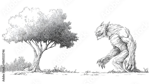 Sinister Monster Illustration with Tree Background for Design Projects