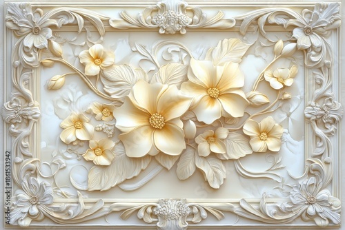 Elegant three dimensional floral ornamentation carved into a light colored stone panel