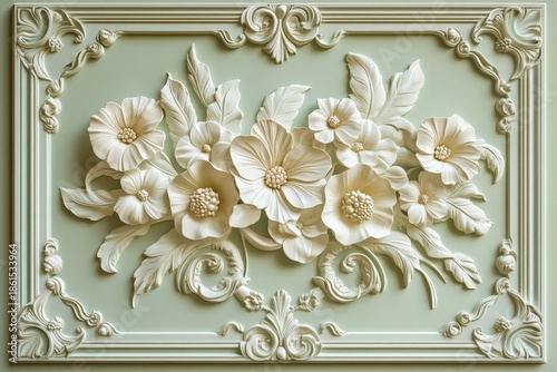 Ornate three dimensional floral bas relief decoration panel features carved white blossoms against a pale green background