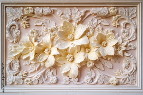 Ornate floral relief carving showcases detailed sculpted blossom elements within a decorative frame