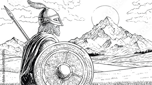 Medieval warrior in helmet and shield with majestic mountain backdrop