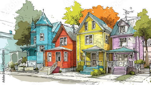 Vibrant Painting of Colorful Houses in Suburban Neighborhood