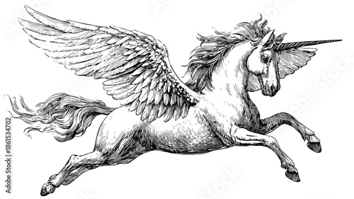 Majestic Unicorn with Wings Soaring in the Sky Vector Illustration