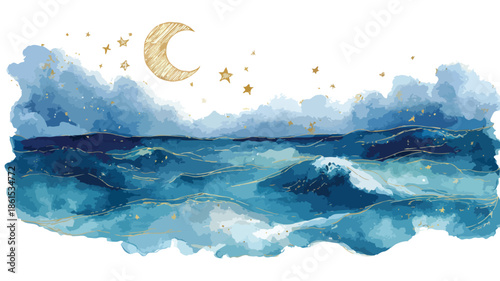 Serene Ocean Moon Stars Watercolor Painting