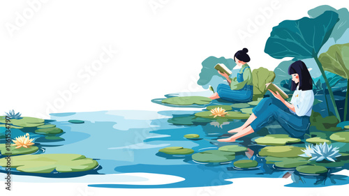 Serene Woman Reading Book in Beautiful Pond Setting
