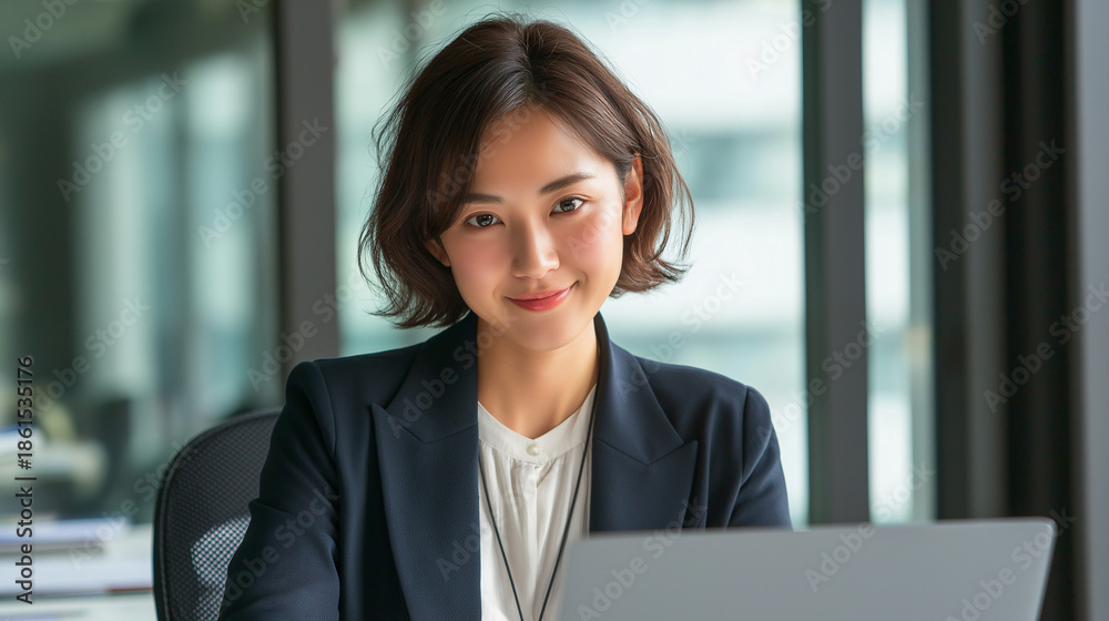 Fototapeta premium ネイビー色のスーツを着た女性OLのビジネス風景