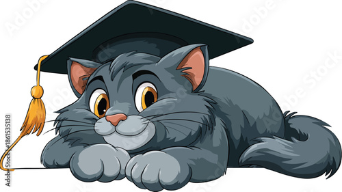 Cute Cartoon Graduate Cat with Outline on White Background Vector