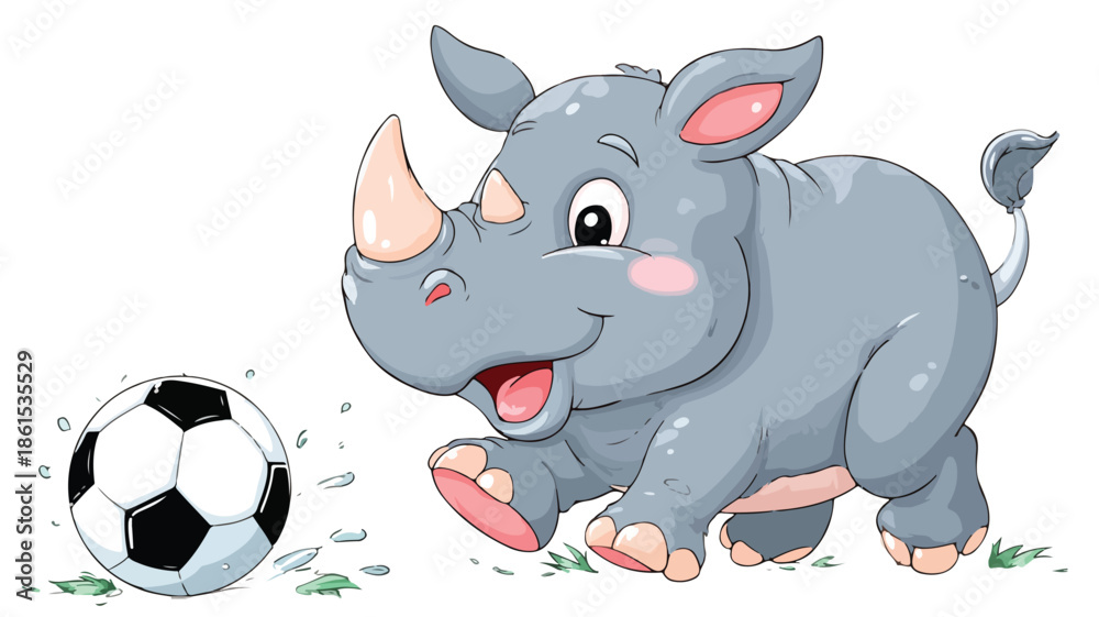 Fototapeta premium Adorable Rhino Soccer Cartoon Vector Illustration on White Background