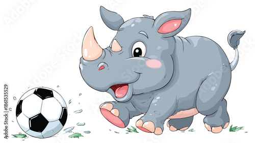 Adorable Rhino Soccer Cartoon Vector Illustration on White Background