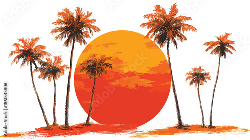 Tropical Sunset Beach with Palm Trees and Vector Illustration of Sunset