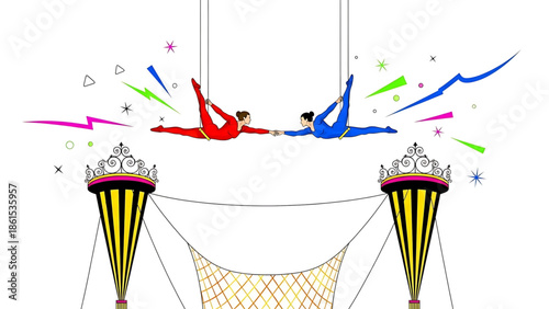 Two acrobats performing aerial stunts on trapezes with colorful lights and net
