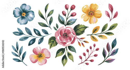 Watercolor Floral Arrangement with Pink Rose and Colorful Leaves