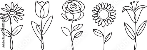 Minimal One Line Drawing of Five Different Flowers – Daisy, Tulip, Rose, one line Art icon drawing
