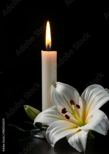 Sympathy card candle and white lily on dark background with copy space funeral flowers funeral flower death grief ceremony floral loss dead sadness cemetery bouquet mourning